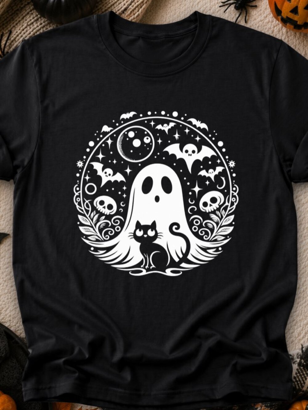 Halloween Spooky Ghost Circle TShirt Graphic Tee Adult Unisex Cat Bats Skull